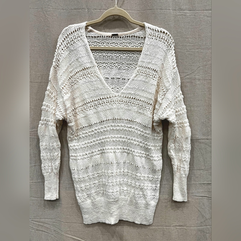 Free People Women's Crochet V-Neck Hot Tropics Cream Pullover Sweater Size Md